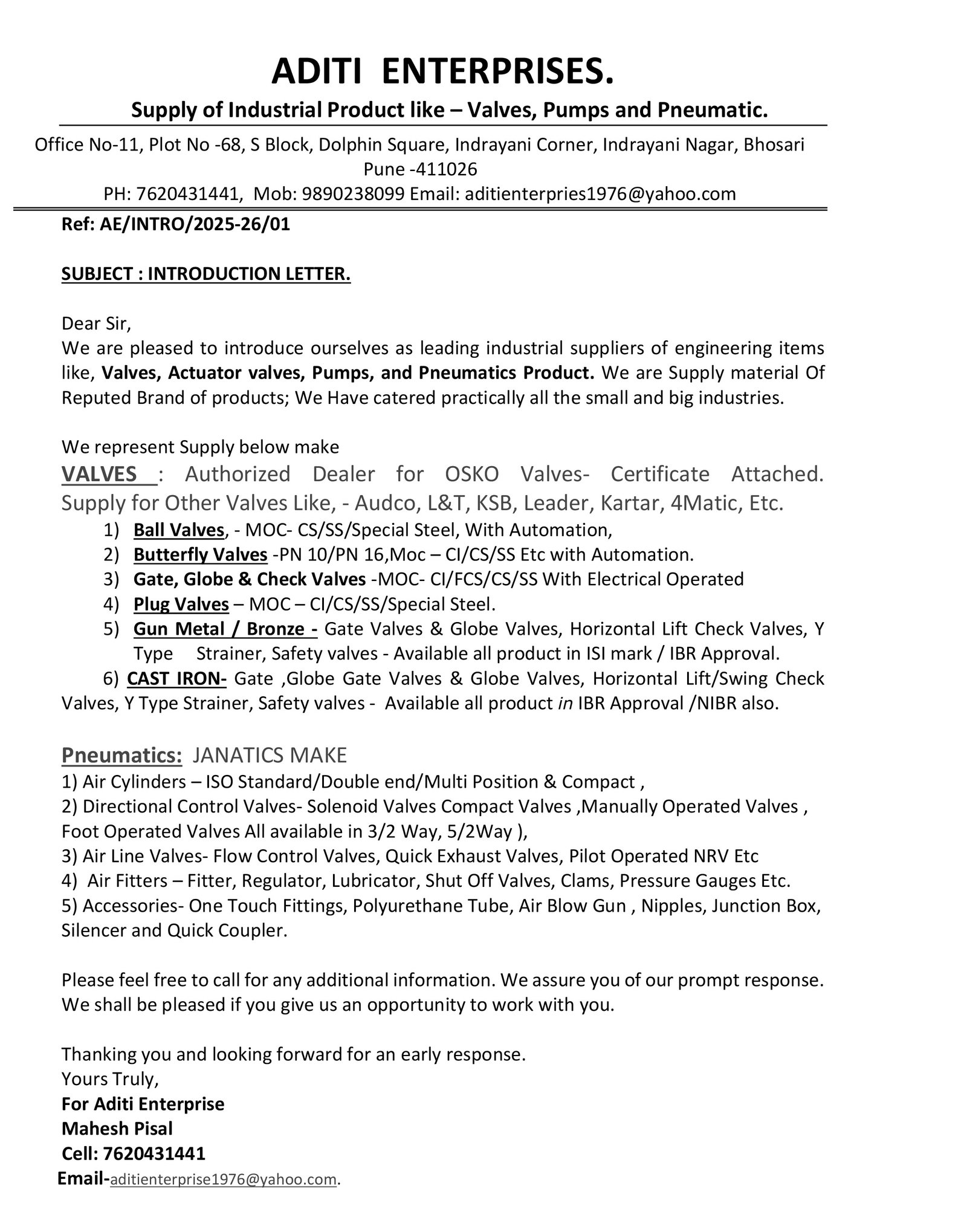 INTRO LETTER ADITI ENTERPRISES